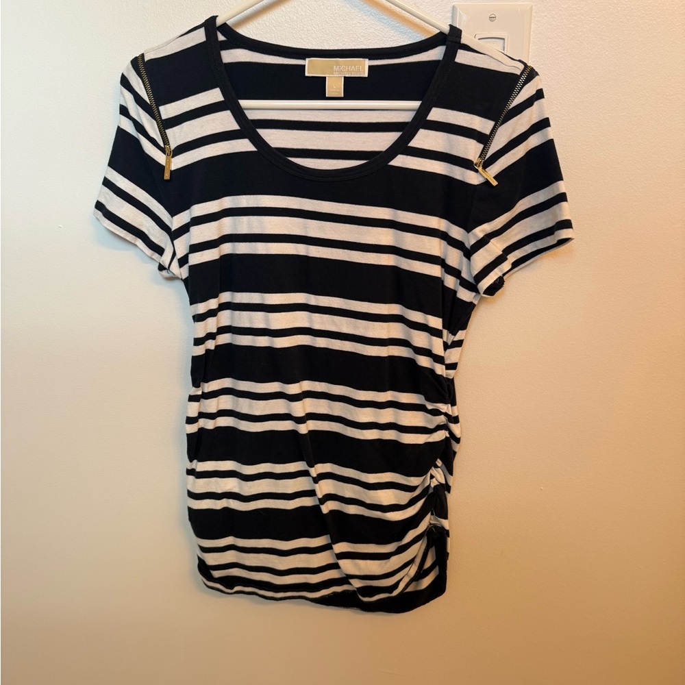 Michael Kors Black and White Striped Short Sleeve Top